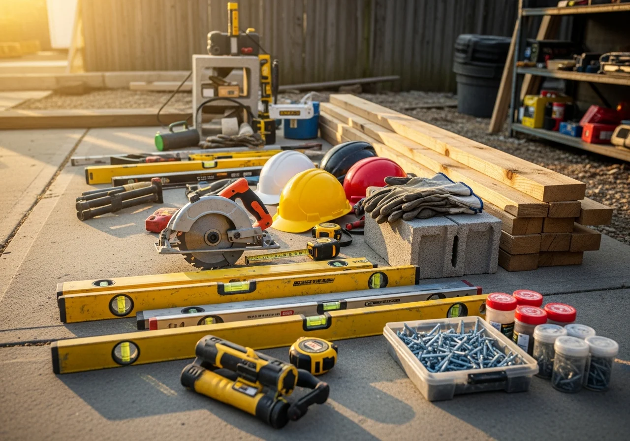 Construction crew tools and equipment staged on a job site, ready for residential remodeling work.