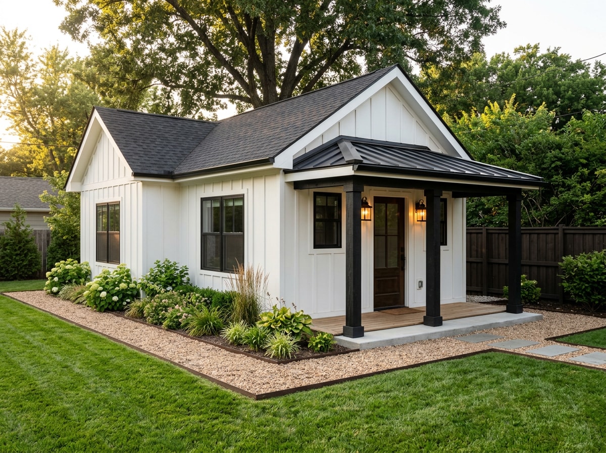 Finished detached backyard accessory dwelling unit with board and batten siding and a covered entry