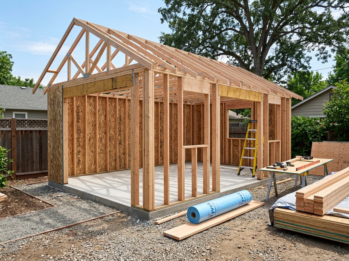 Newly framed accessory dwelling unit on a poured concrete foundation with sheathing partially installed