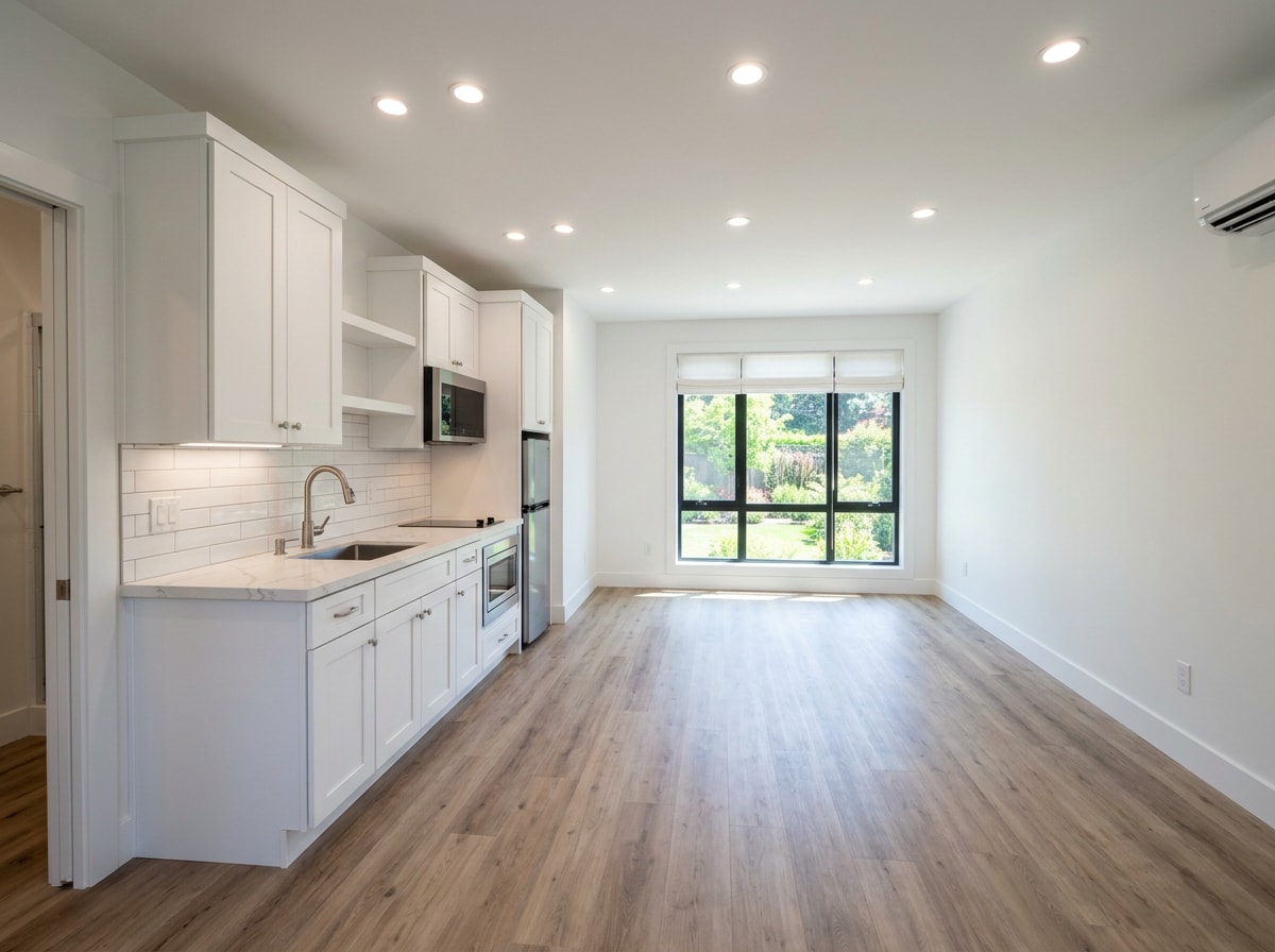 Finished ADU interior with kitchenette, luxury vinyl plank flooring and recessed lighting