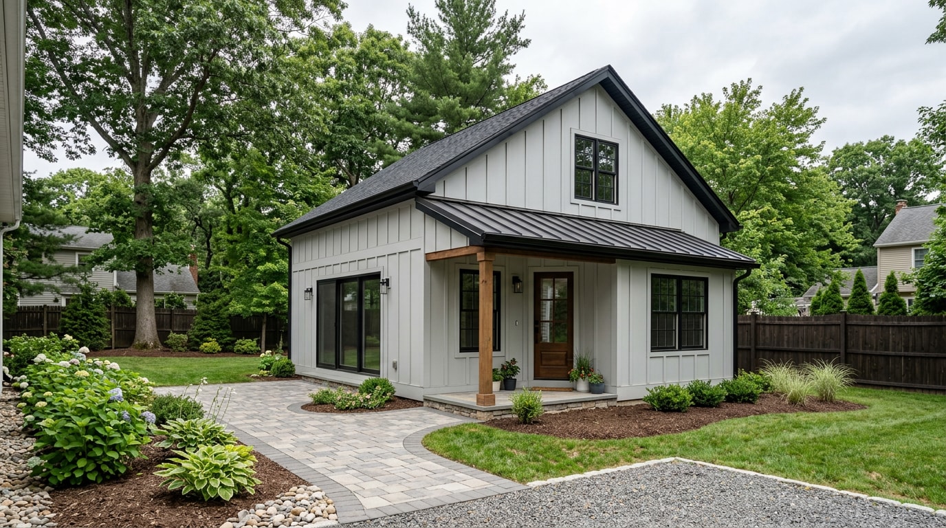 Finished detached ADU with gray siding and paver walkway in a suburban backyard