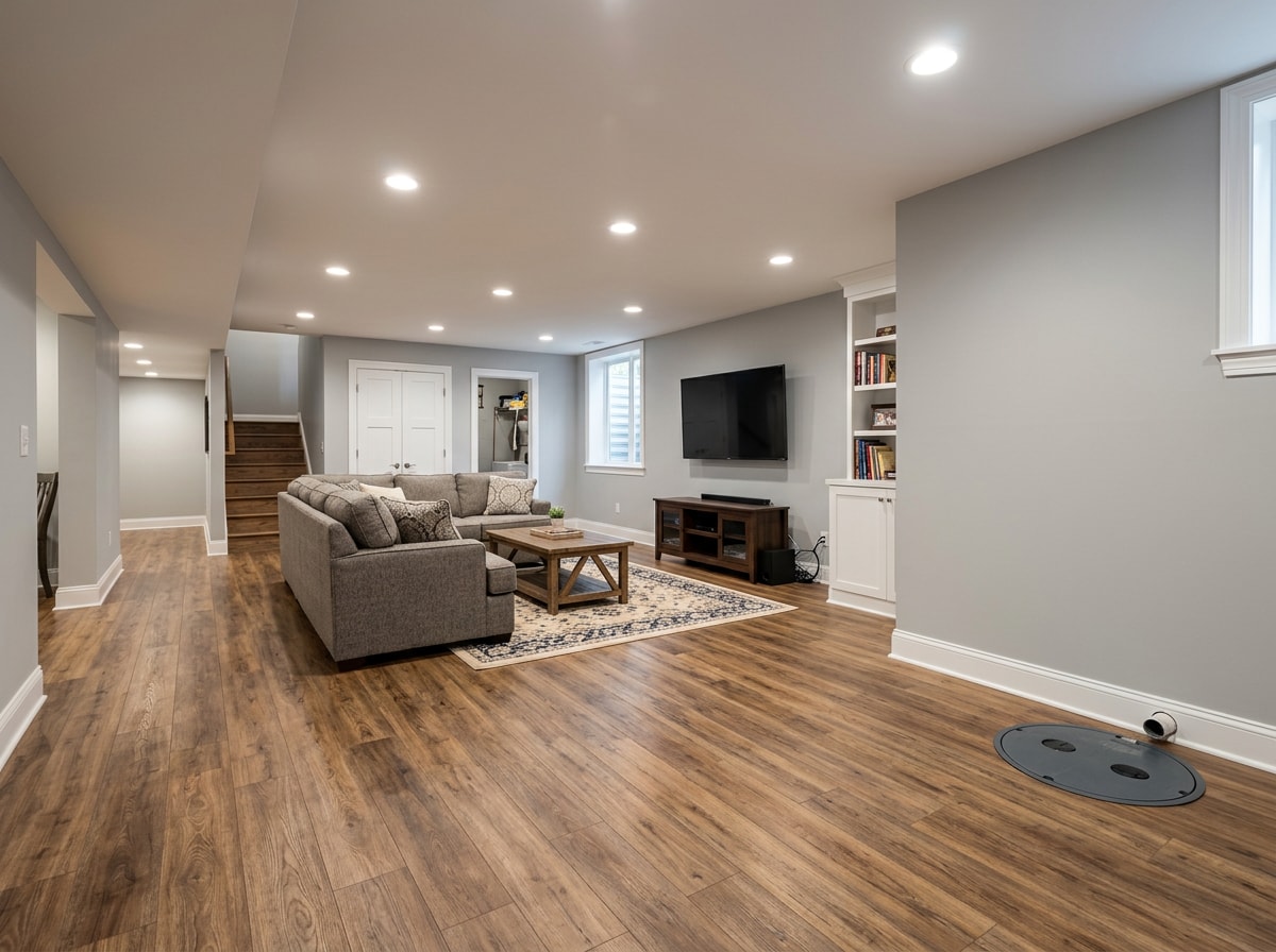 Finished basement with moisture-resistant flooring and insulated walls in a New Jersey home