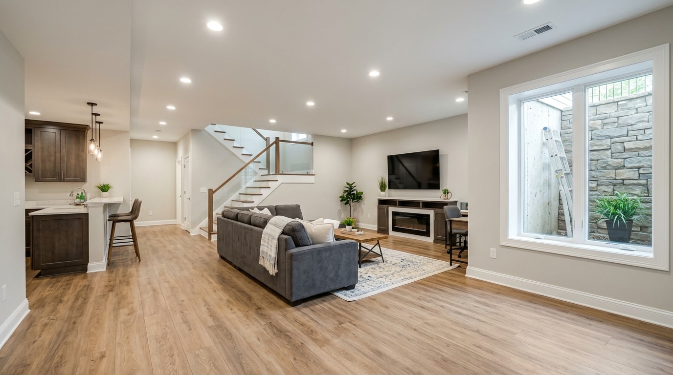 Finished basement in a New Jersey home with egress window and modern flooring