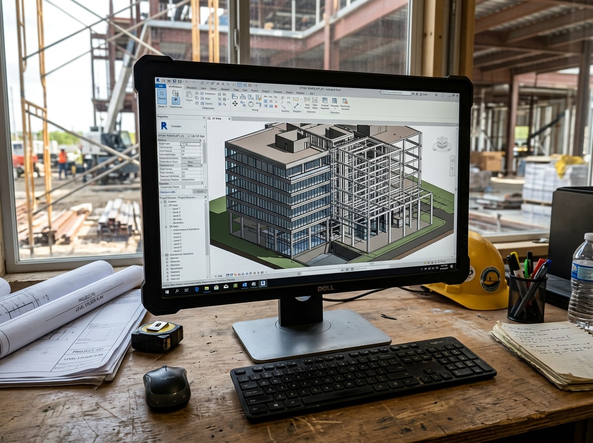 Architectural BIM model displayed on a monitor showing a Revit building design