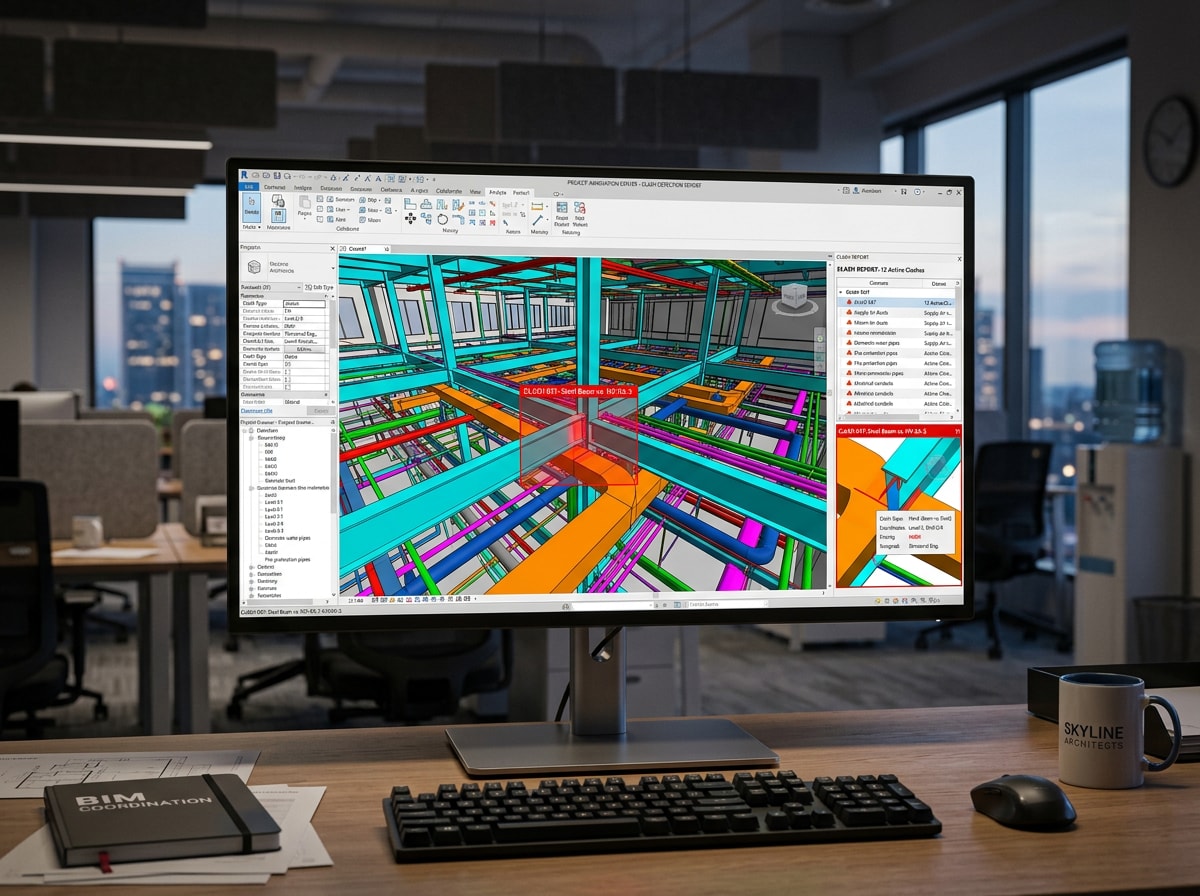 Computer screen showing structural steel and MEP ductwork clash detection in a coordinated building model