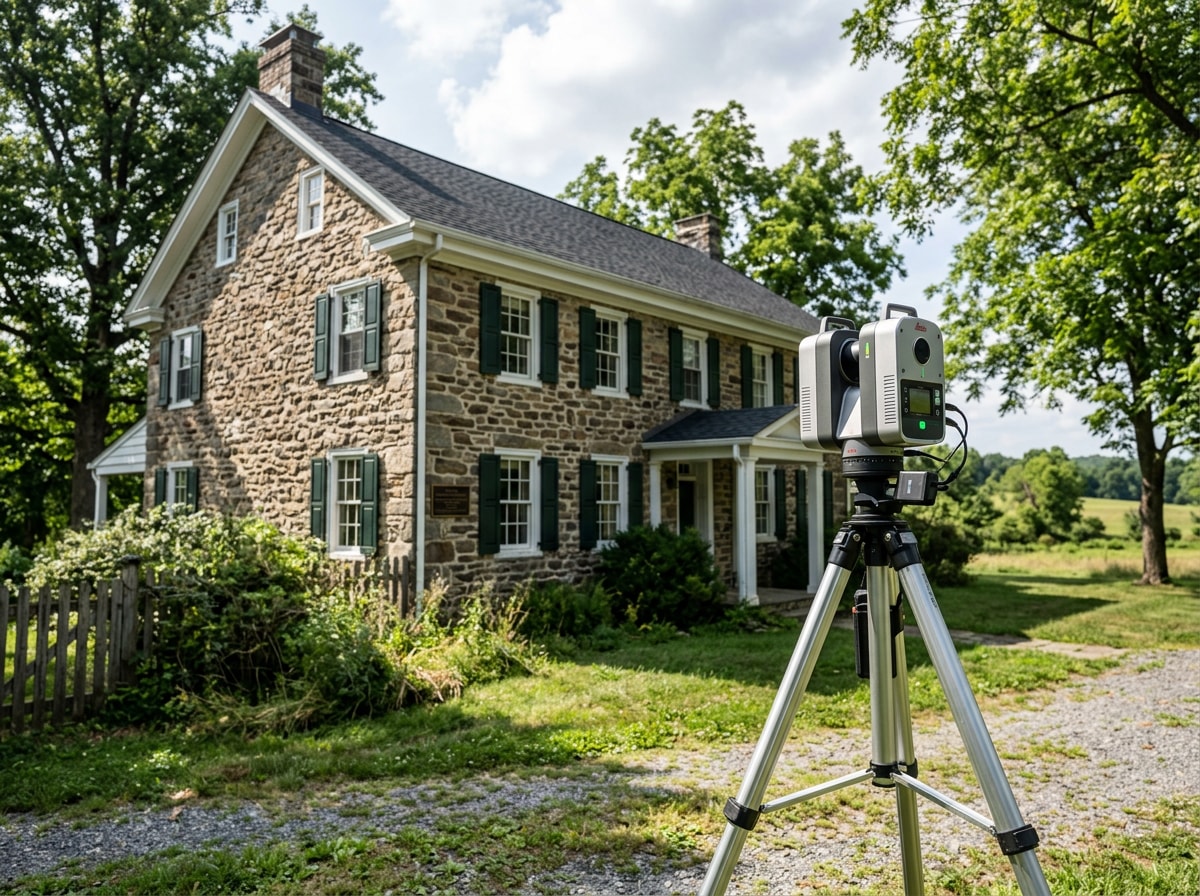 Laser scanning equipment positioned outside a historic farmhouse capturing point-cloud data