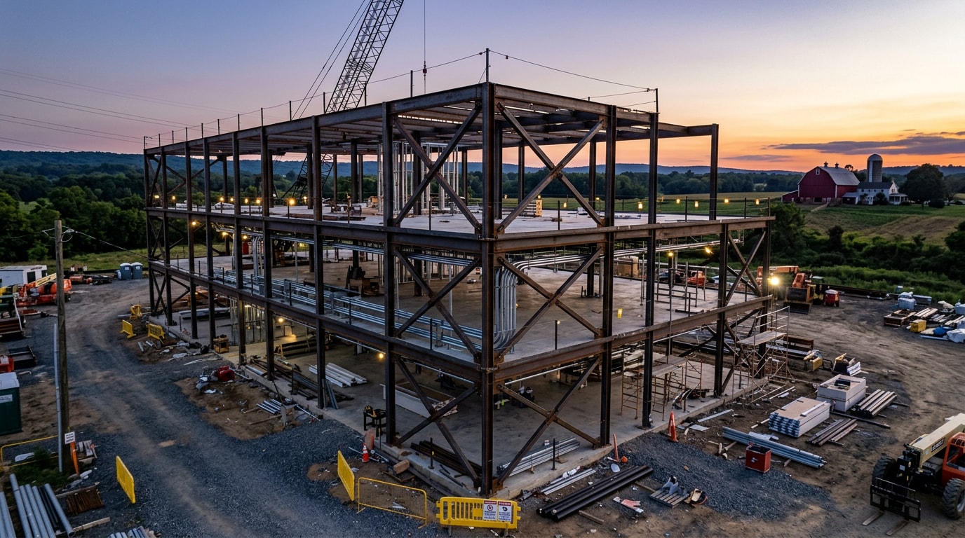 Partially framed commercial building with coordinated structural framing in a rural New Jersey setting