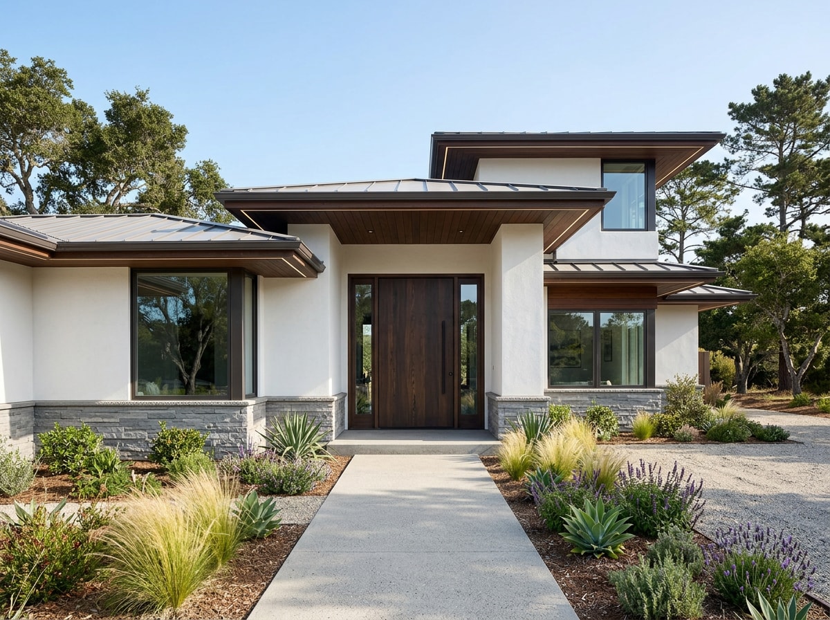 Modern coastal custom home exterior with white stucco and dark wood accents