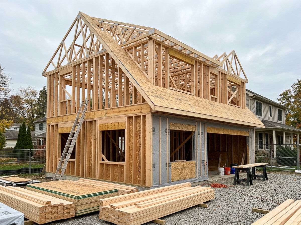Framed custom home addition with new roof trusses and sheathing