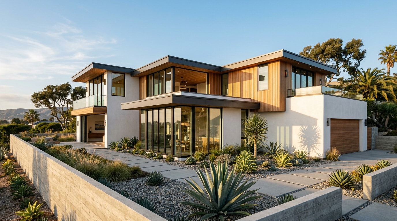 Finished modern coastal custom home exterior with stucco, cedar siding, and large black-framed windows