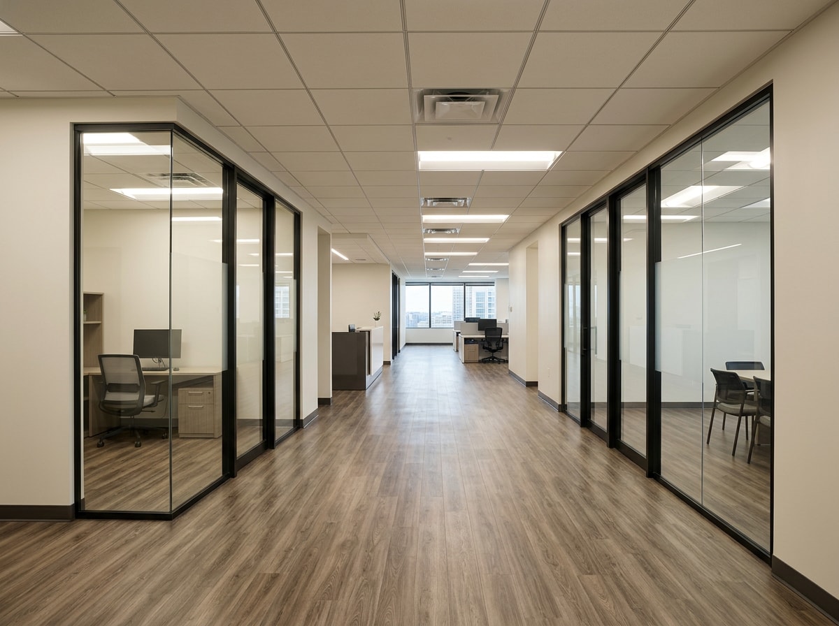 Finished commercial office interior after a full remodel with new ceiling grid and lighting