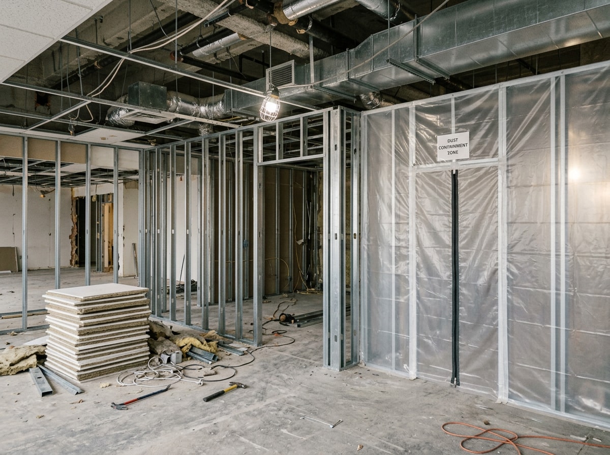 Selective demolition inside a commercial interior with exposed steel studs and open ceiling
