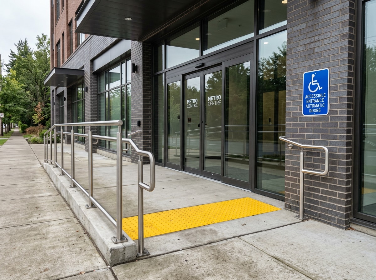 Accessible commercial building entrance with level threshold, compliant ramp and handrails