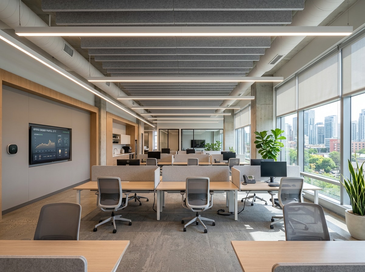 Modernized commercial office interior with LED lighting and flexible open workstations, no people