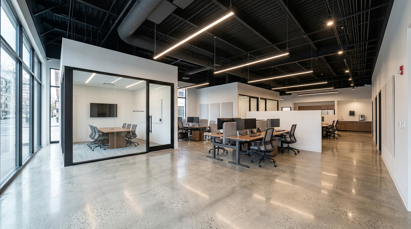Completed commercial office remodel interior with new lighting and glass conference room