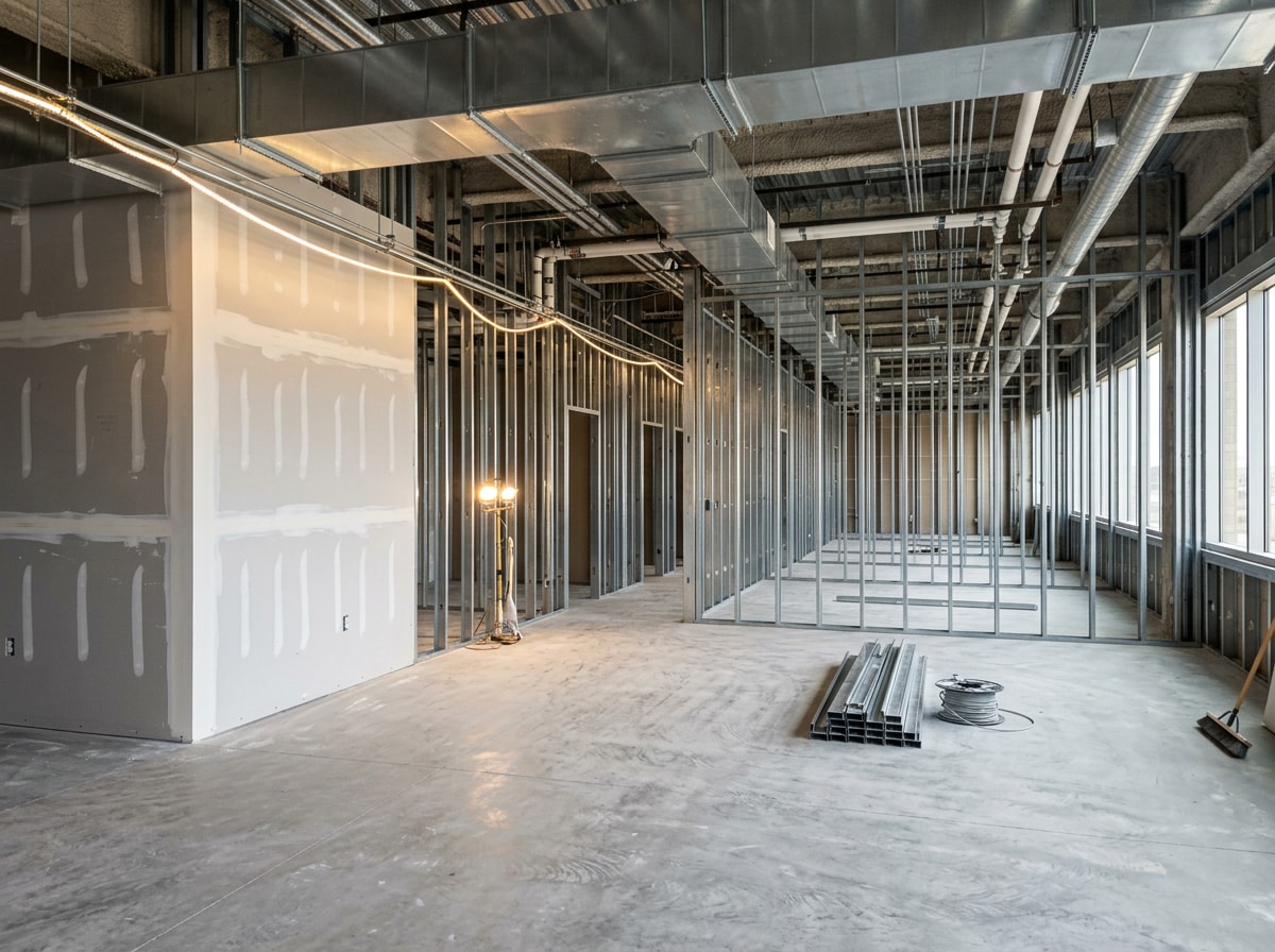 Commercial office interior mid renovation with new metal stud partitions and open ceiling grid
