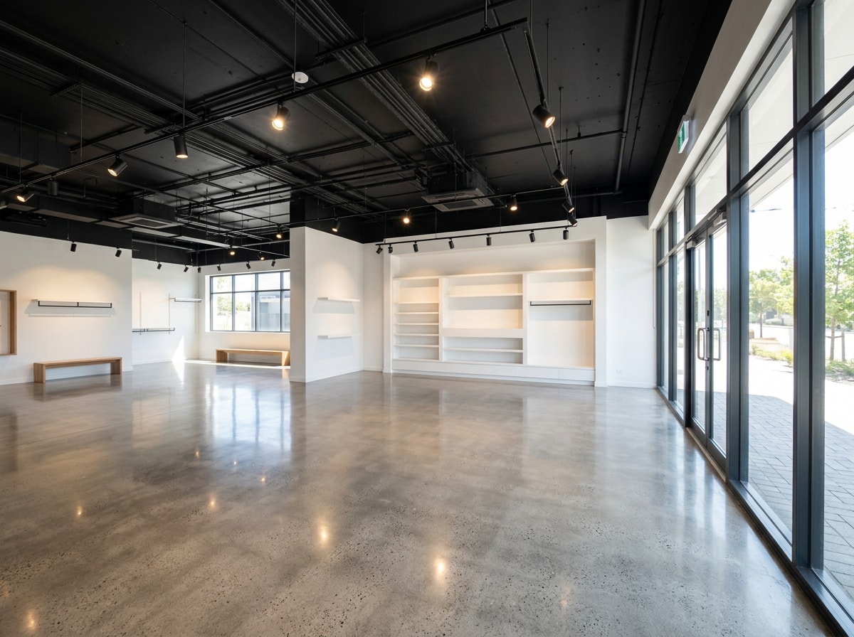 Finished commercial retail tenant fitup with polished concrete floor, track lighting, and new storefront glazing