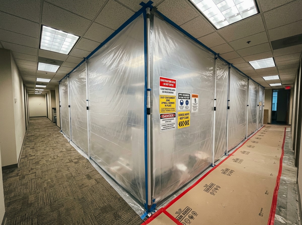 Occupied office building renovation with temporary dust containment barrier and protected egress corridor