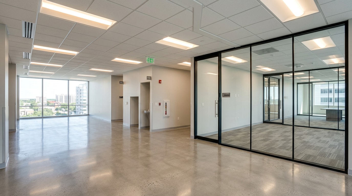 Completed commercial office renovation with new partitions, ceiling grid, and glass conference room