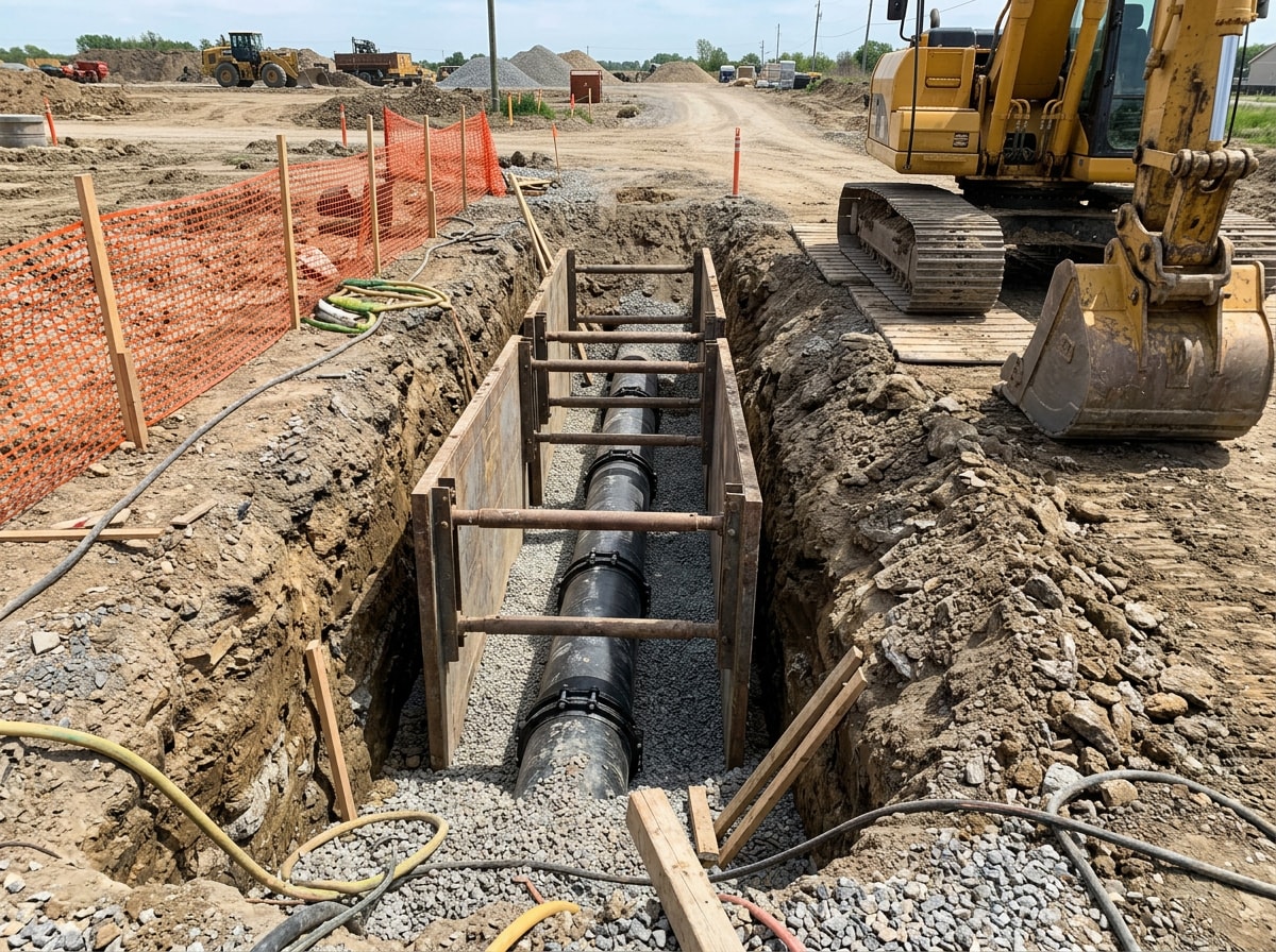 Heavy civil jobsite with an open utility trench and excavator