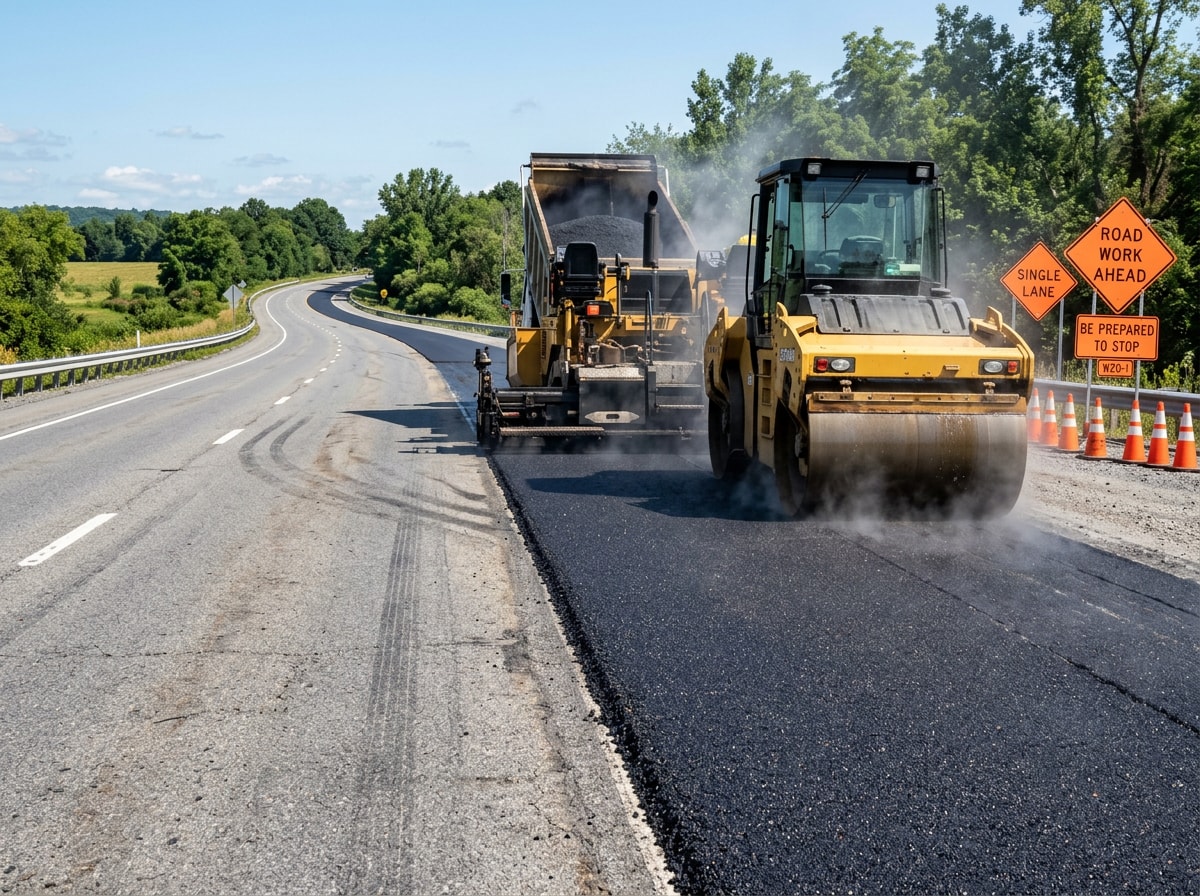 Paving crew equipment placing hot mix asphalt on a highway lane
