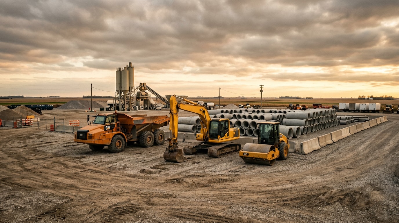 Heavy civil construction equipment yard with excavator, dump truck and concrete pipe