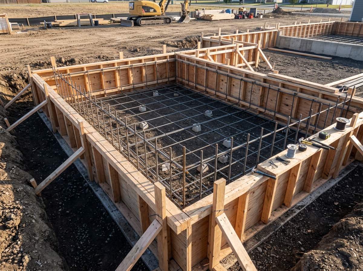 Concrete crew forms and rebar in place for a finished foundation pour on a residential jobsite