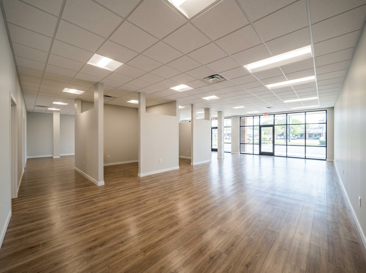 Completed commercial interior fitup with finished ceilings, lighting, and flooring ready for occupancy