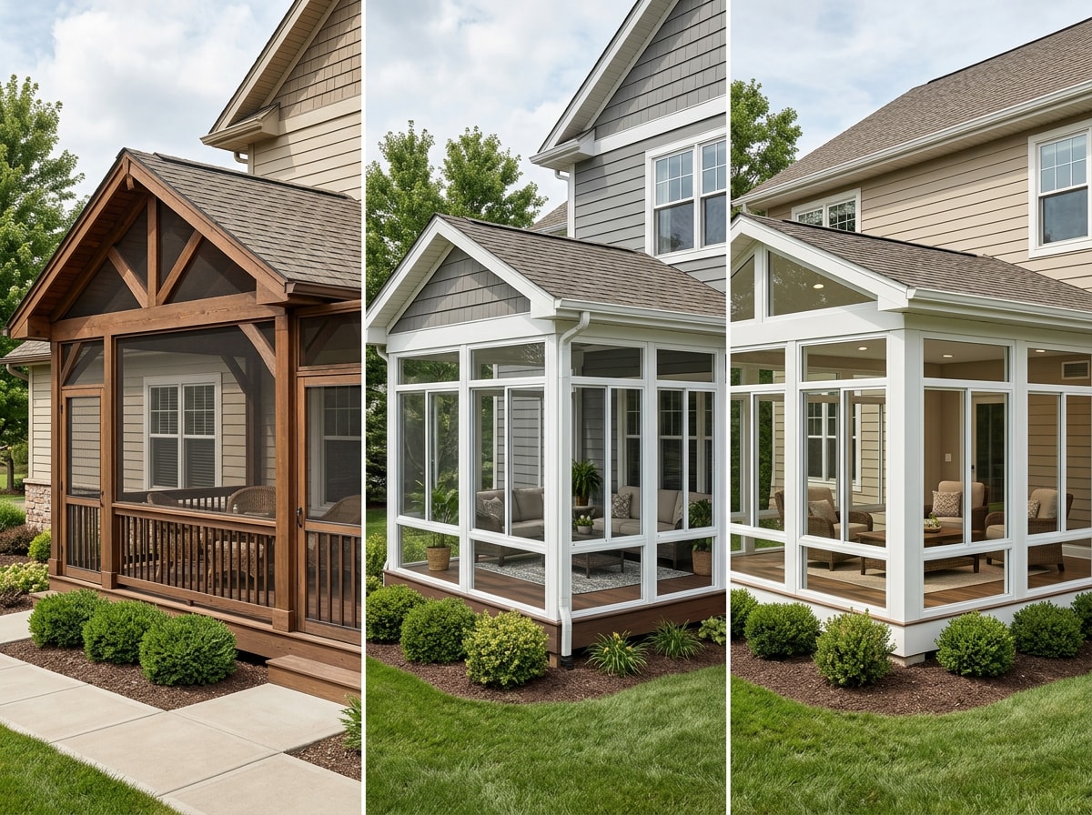 Side-by-side comparison of a screened porch, three-season sunroom, and four-season enclosed porch