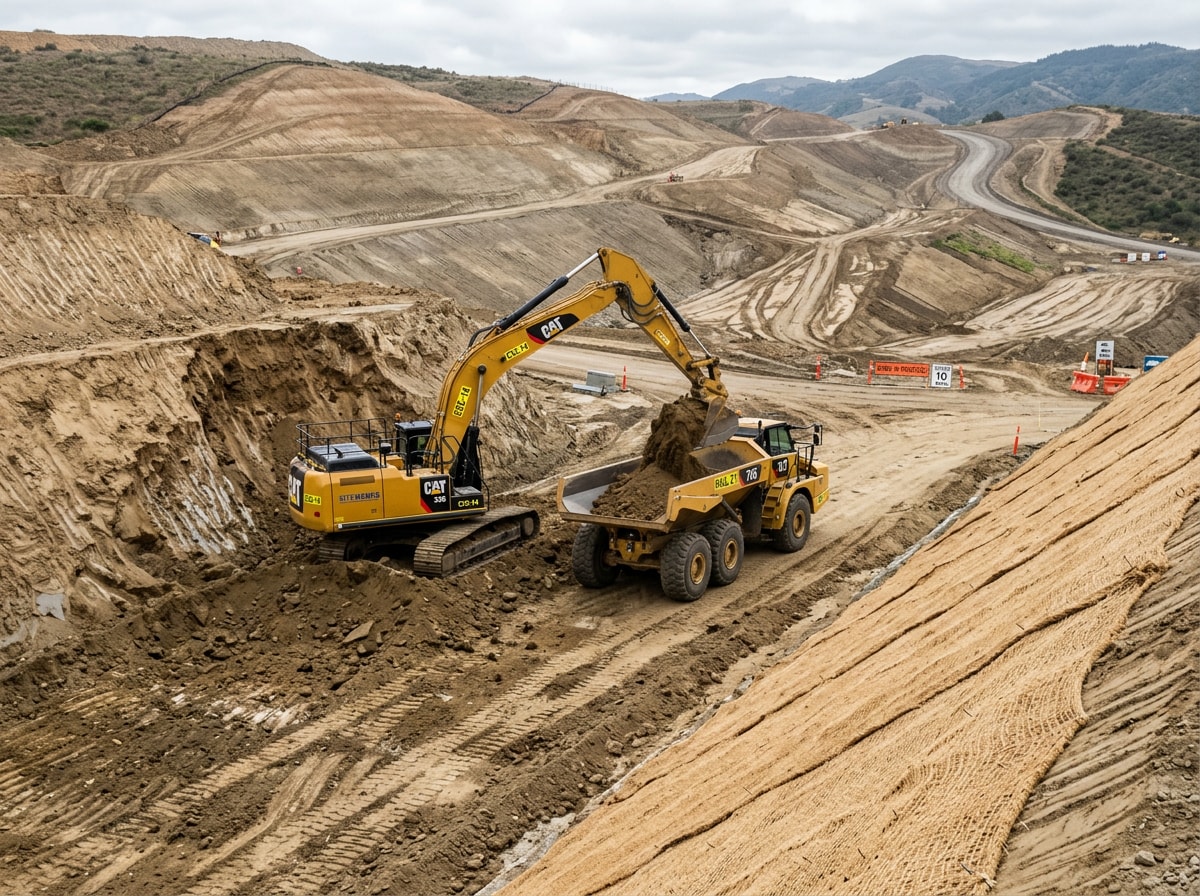 Excavators and haul trucks performing earthwork and grading on a heavy civil site development project