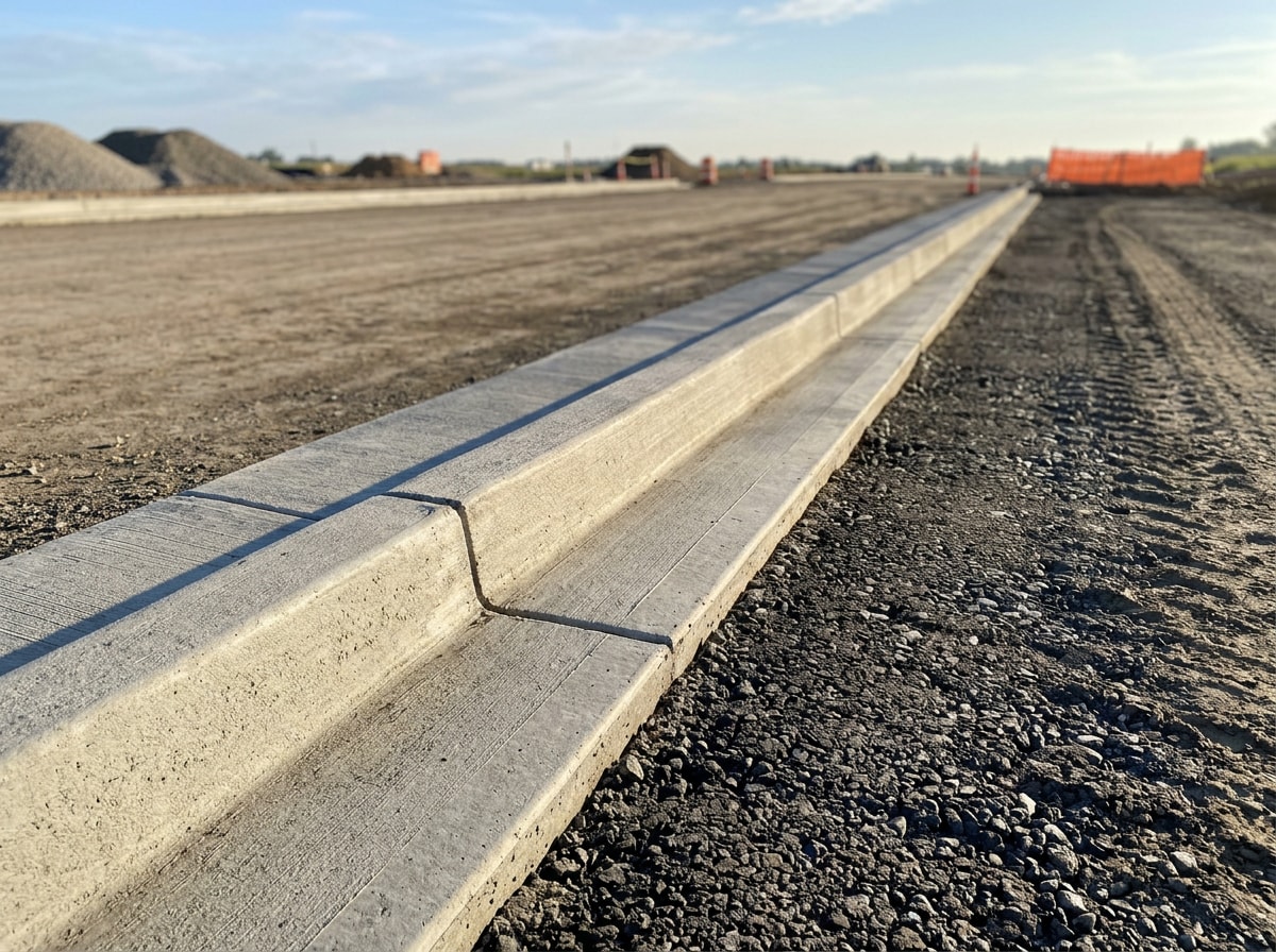 Finished concrete curb and gutter along a newly graded roadway section