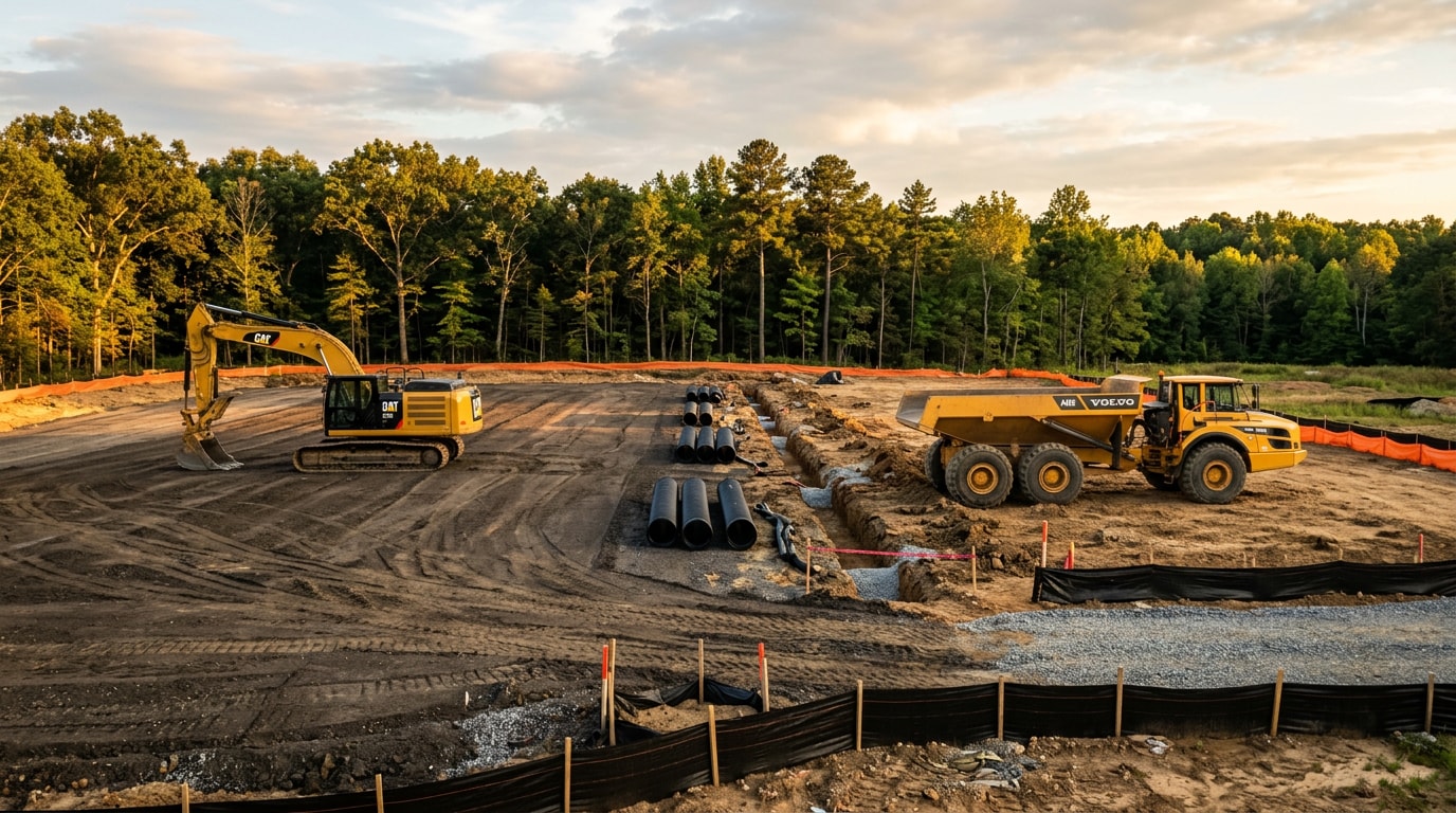 Heavy civil site development project with excavator, haul truck, and staged storm drainage pipe on graded subgrade