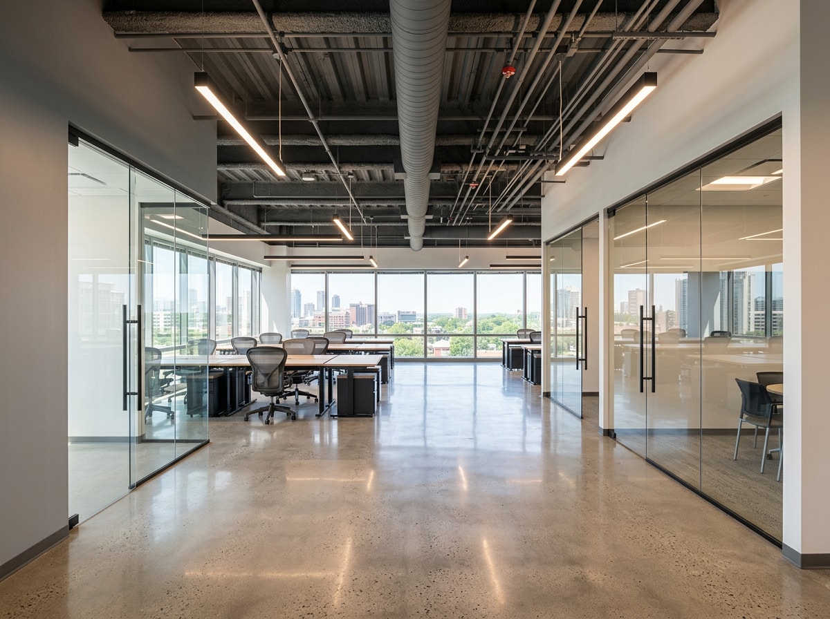 Finished commercial office interior with exposed structure and completed ceiling grid