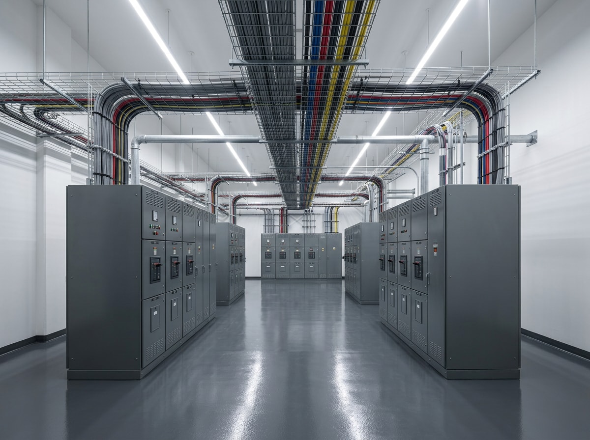 Mission critical data center electrical room with completed switchgear and overhead conduit