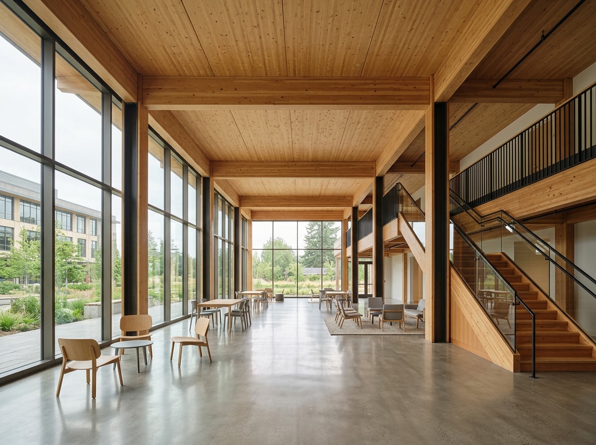 Completed mass timber interior with exposed cross-laminated timber ceiling panels and glulam beams