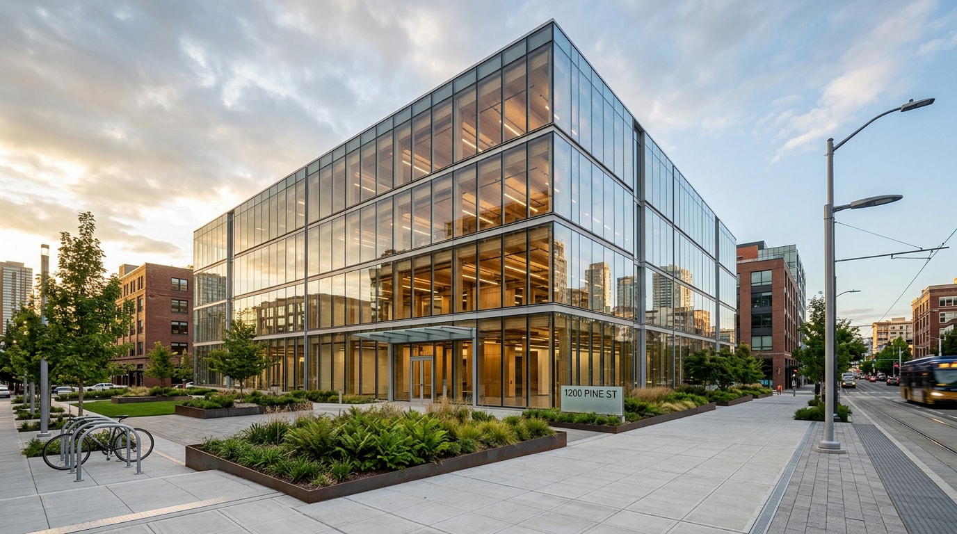 Completed modern commercial building with glass curtain wall and exposed mass timber structure