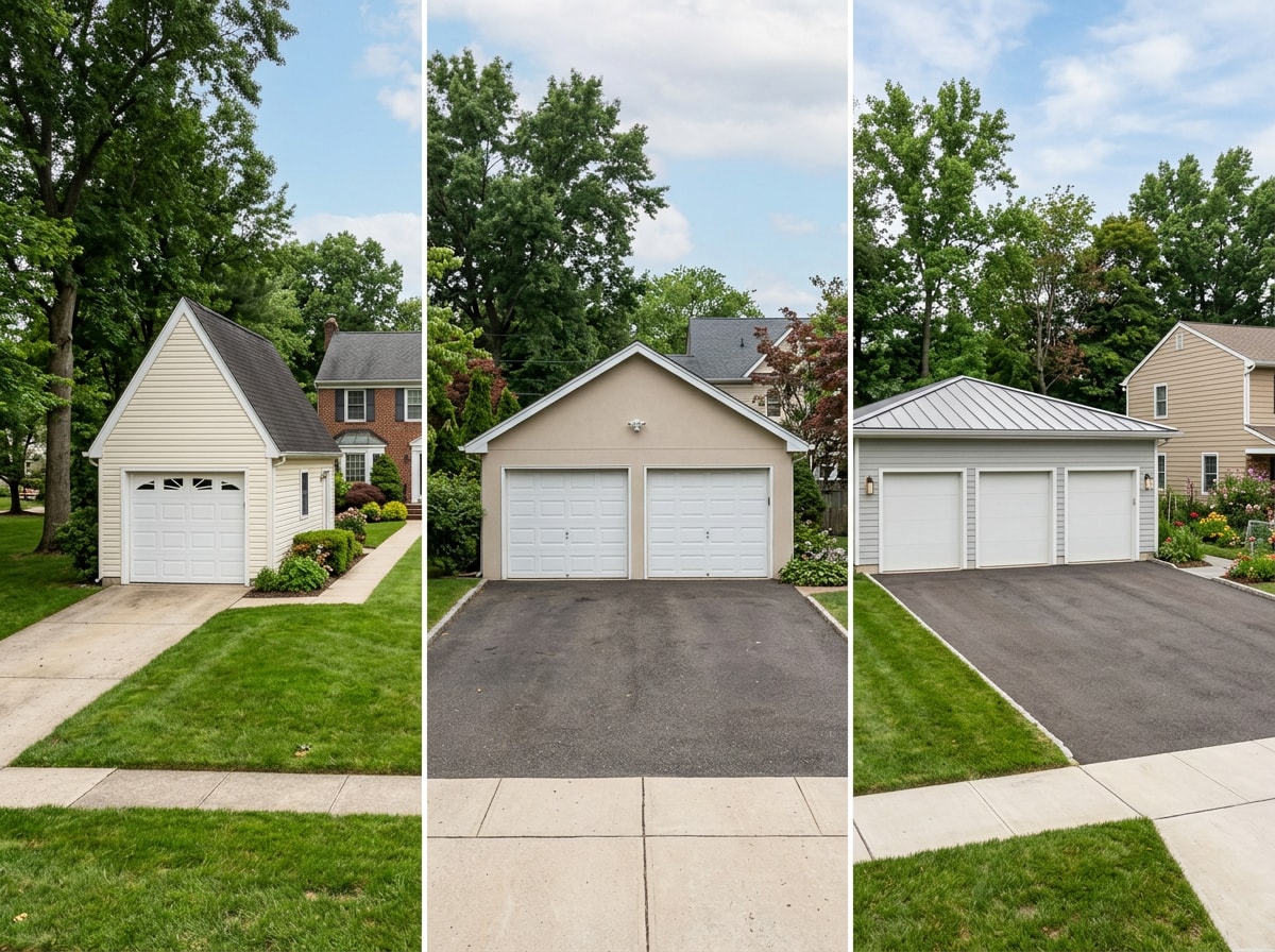 Comparison of one car, two car, and three car garage layouts with different roof styles in New Jersey