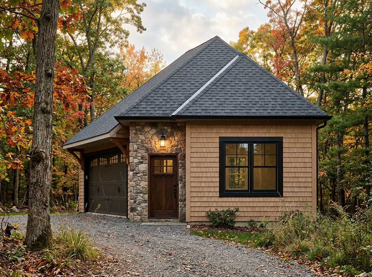 Finished custom garage build in Hunterdon County, NJ showing craftsmanship and roofline detail