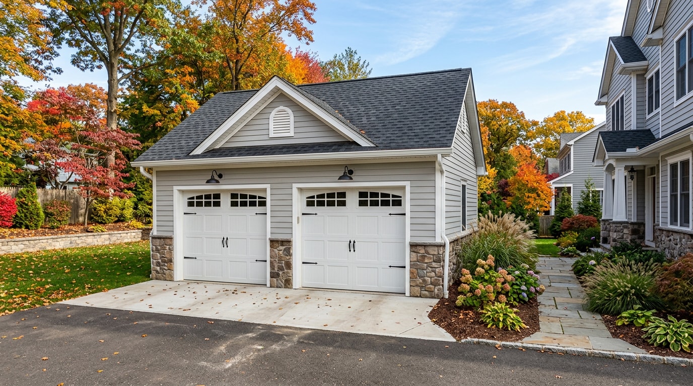 Newly built two car detached garage in a New Jersey backyard