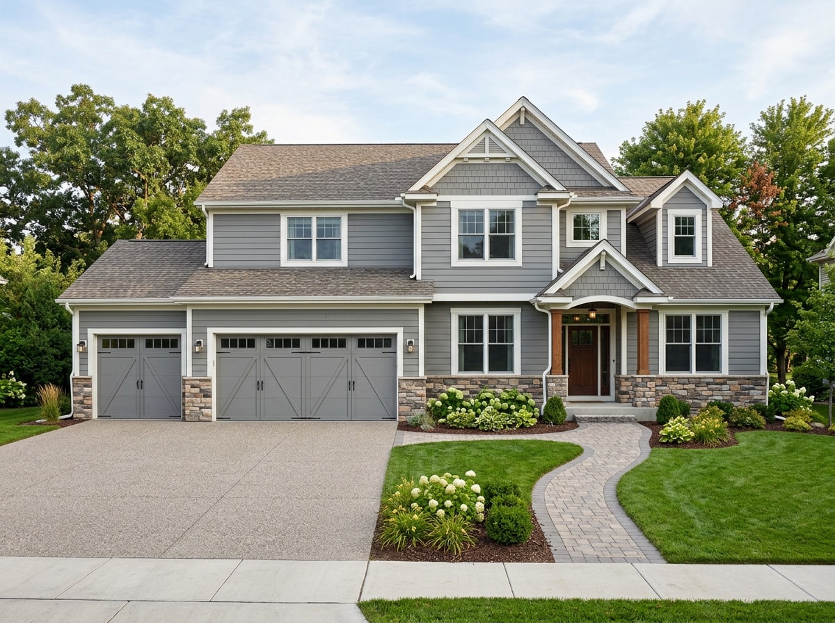Custom two story home exterior with stone and lap siding in a Minnesota suburb