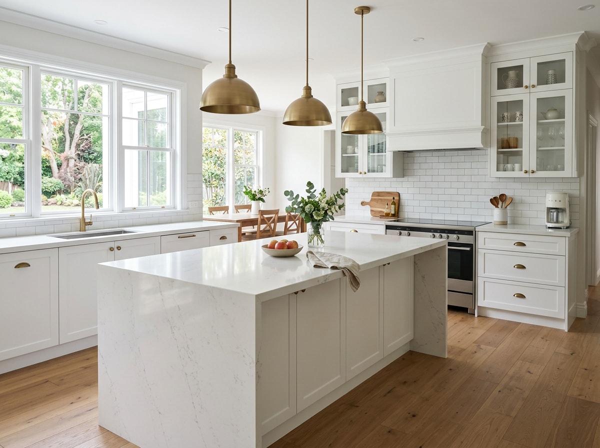 Semi-custom kitchen with white cabinetry, quartz island, and brass hardware