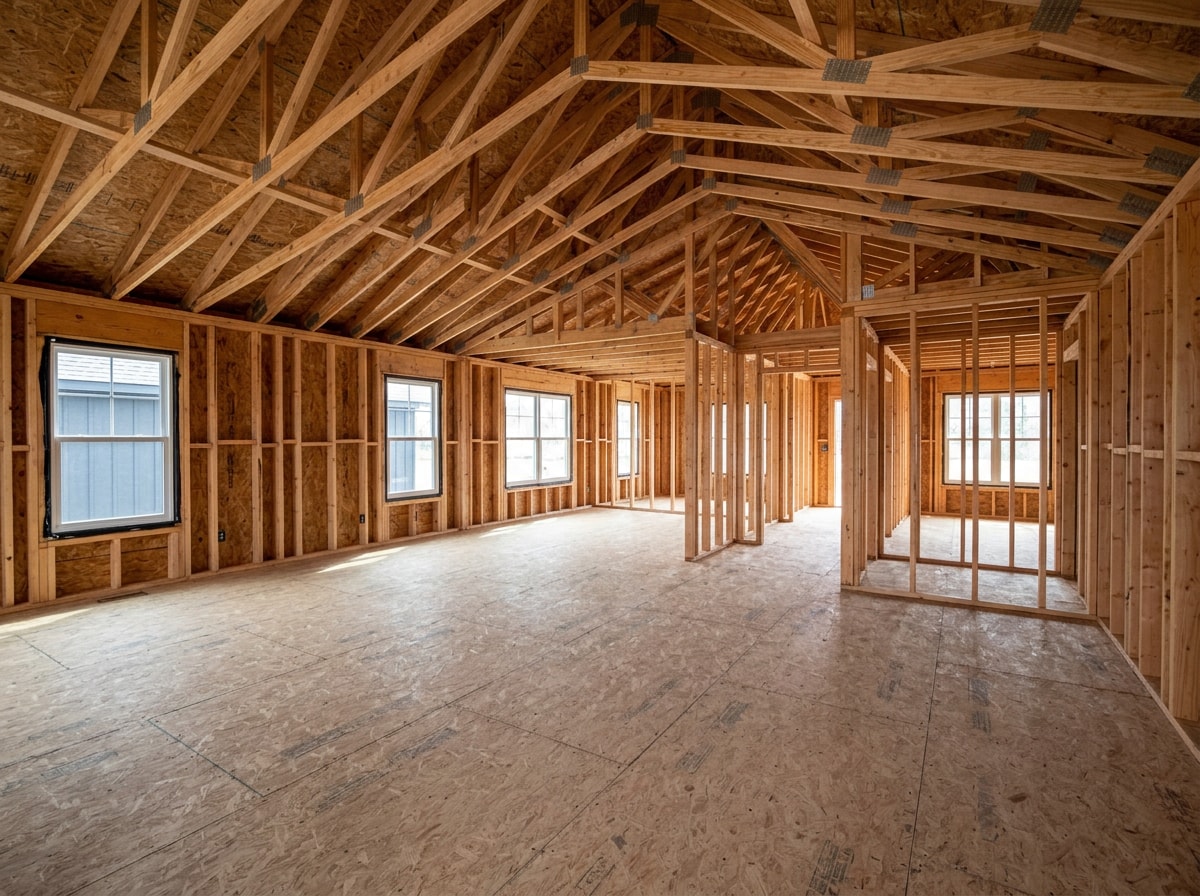 Framed new home interior with visible roof trusses and subfloor at dry-in stage