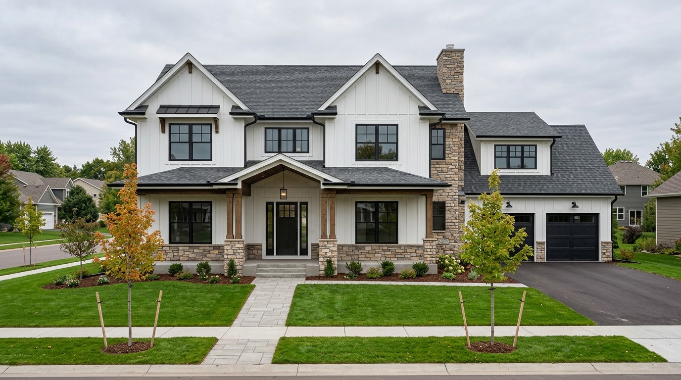 Newly built custom home exterior with stone and board and batten siding
