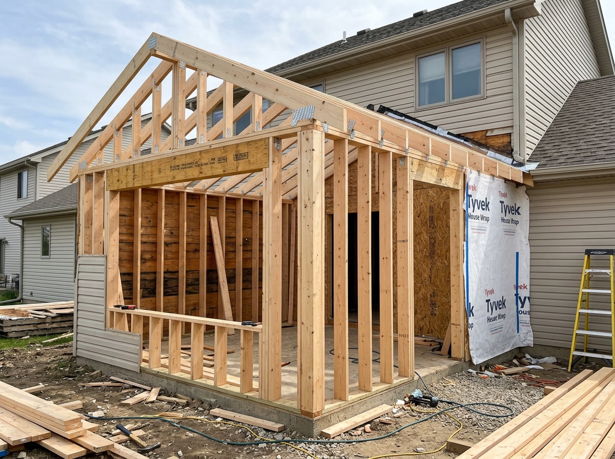 New home addition framing tied into an existing house wall and roofline
