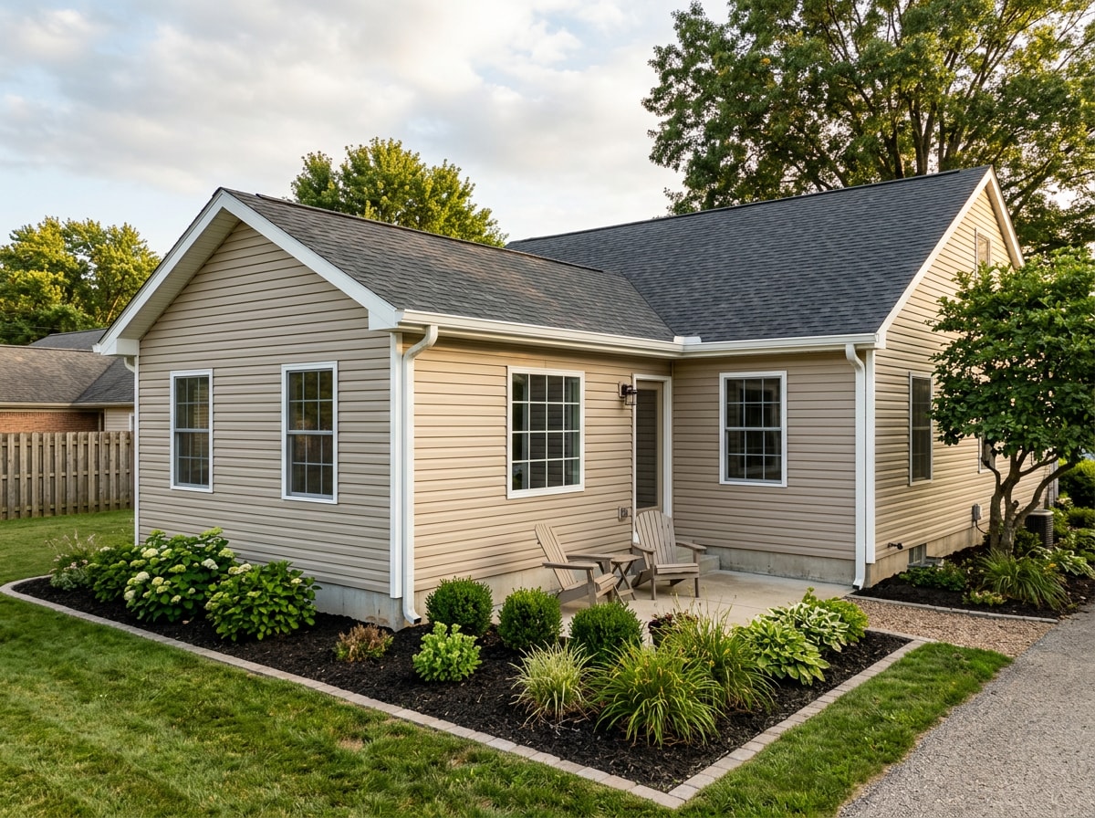 Finished home addition exterior with siding and roofline matched to the original house