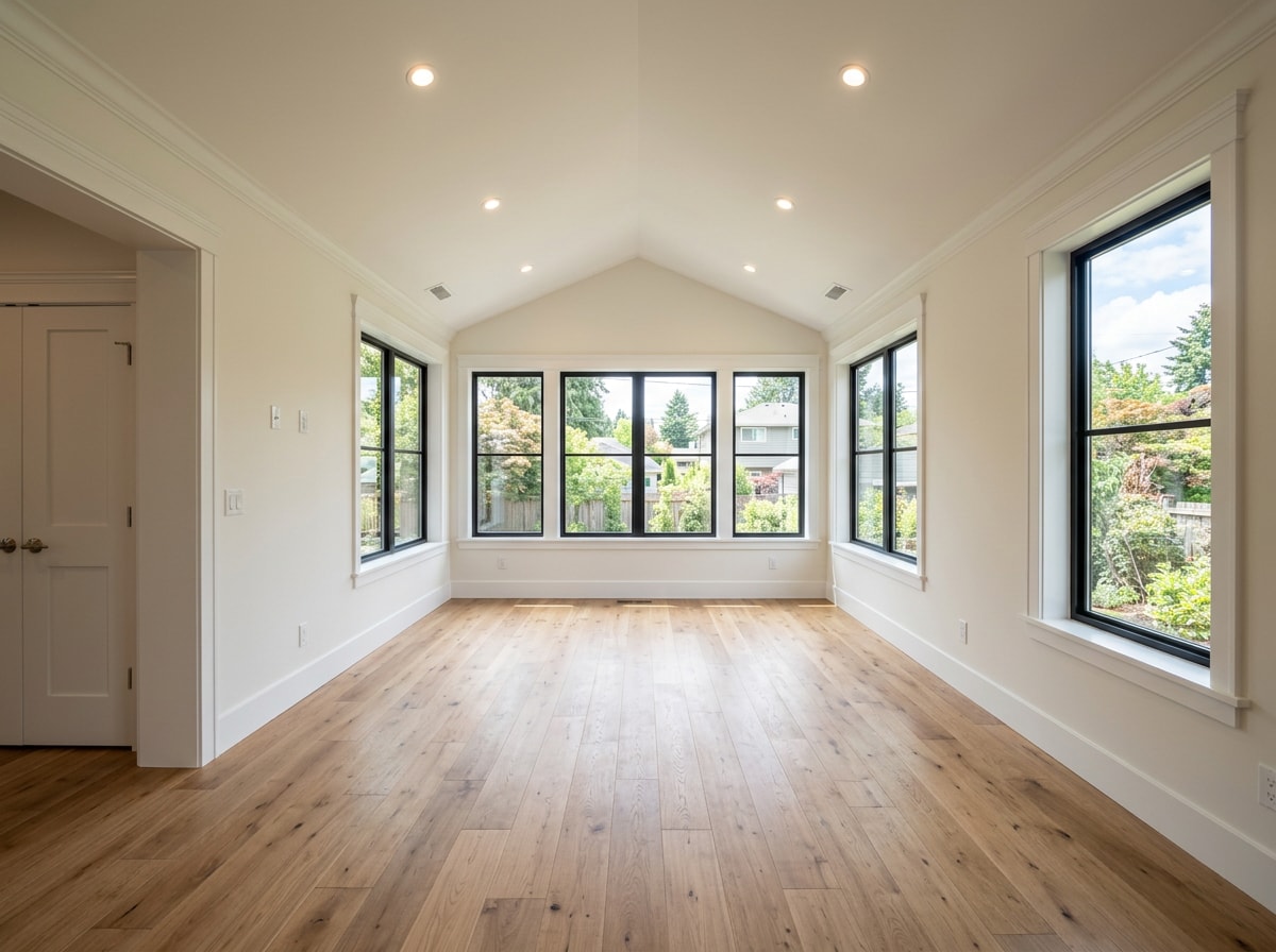 Interior of a completed home addition with finished drywall, trim, and flooring