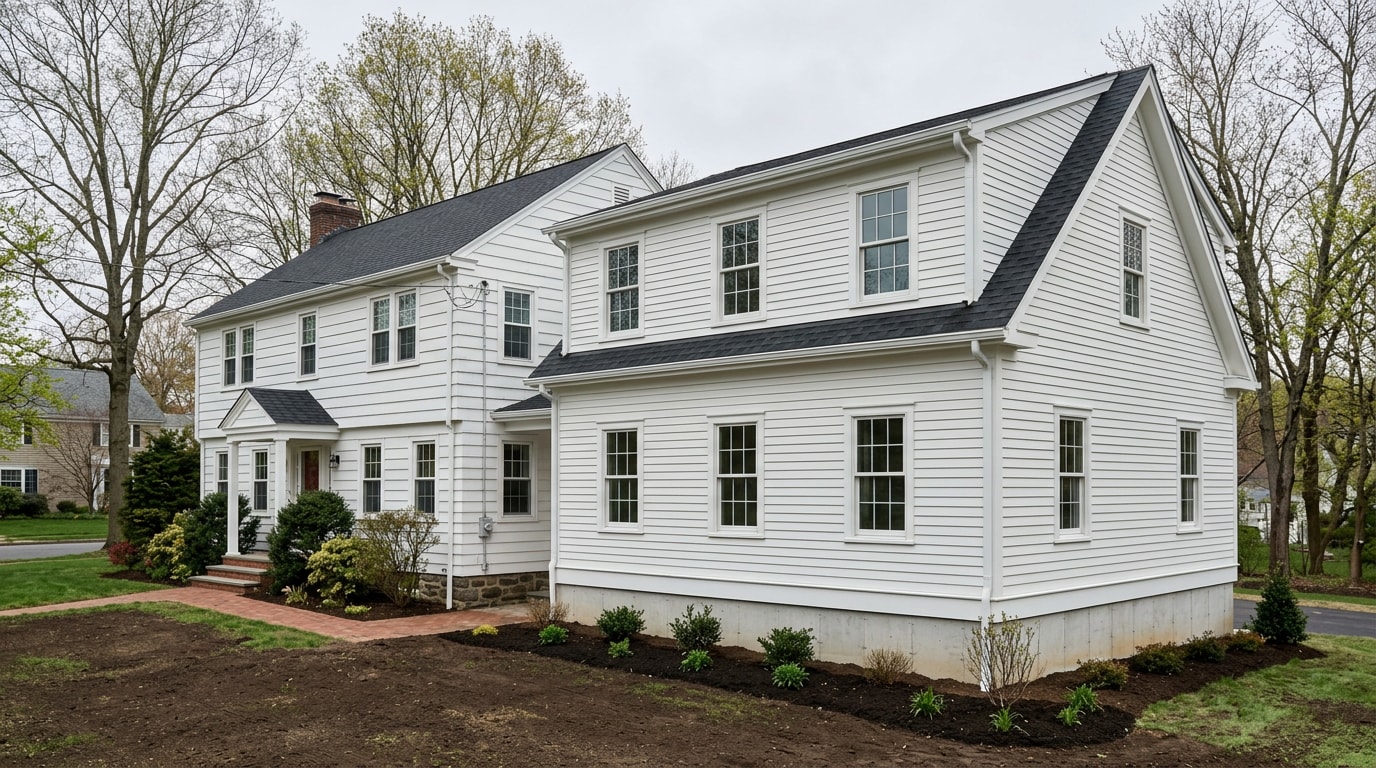 Completed two-story home addition attached to an existing colonial house Completed two-story home addition attached to an existing colonial house