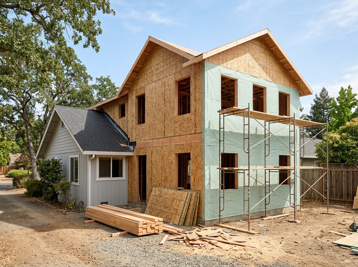 New two story home addition framed and sheathed against an existing house