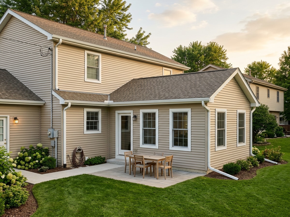 Completed rear home addition with matching siding and seamless roof tie in