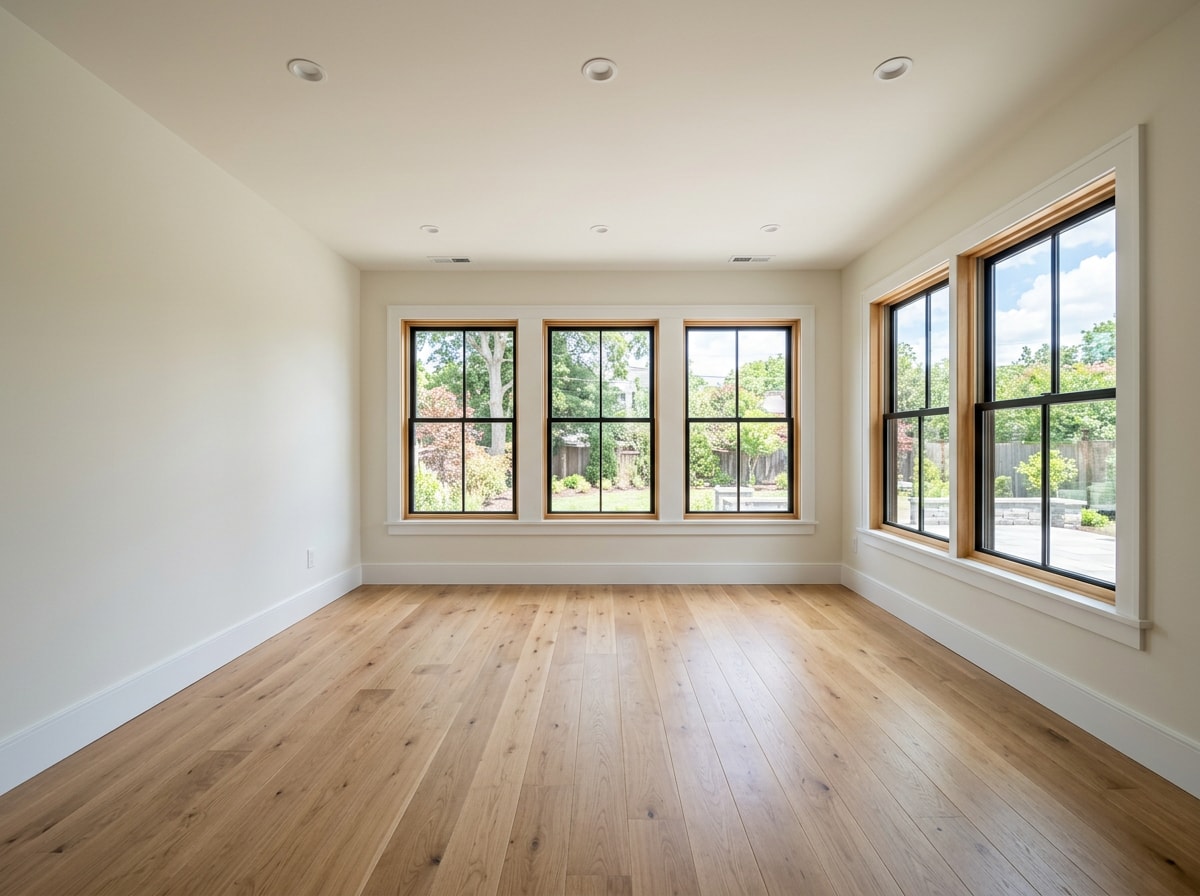 Interior of a finished home addition with drywall trim and hardwood flooring complete